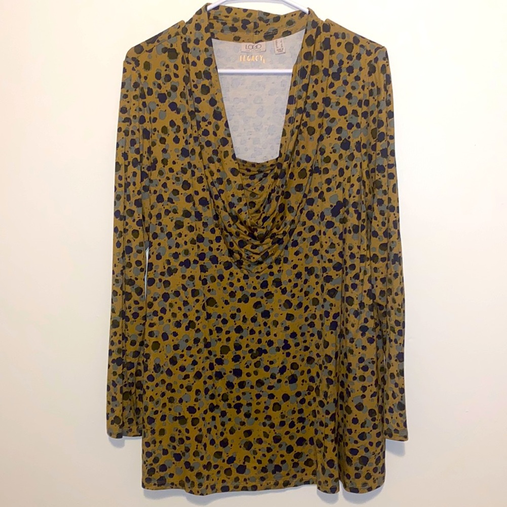 Large LOGO Lori Goldstein Brown Green Black Long Sleeve Cowl Neck Shirt-So Soft!